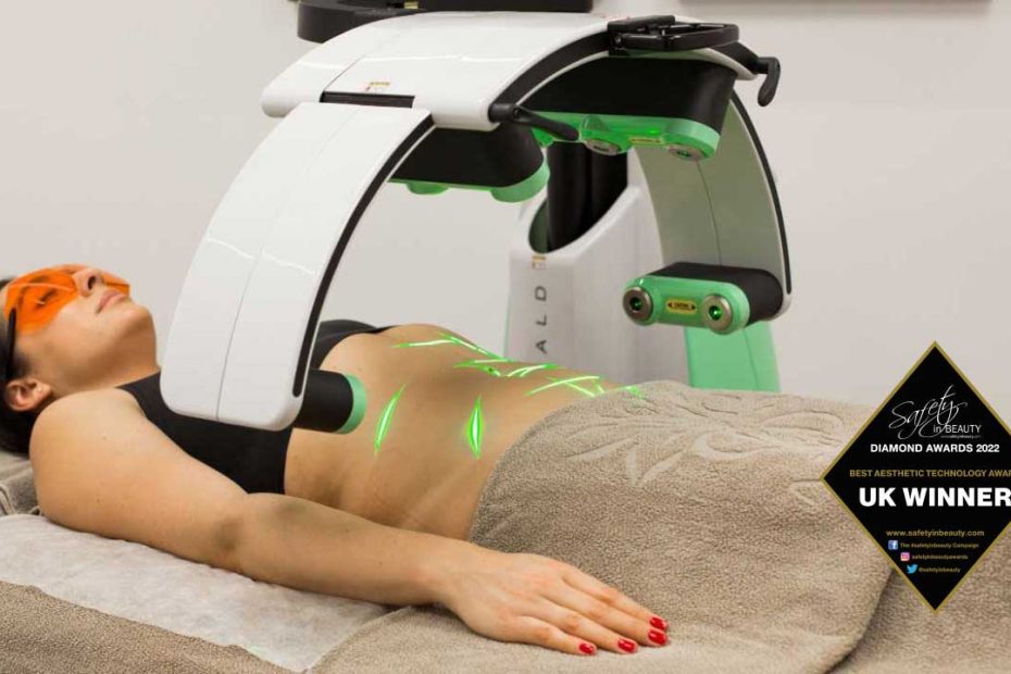 A woman being treated with the Emerald Laser for fat removal, body sculpting, and cellulite reduction